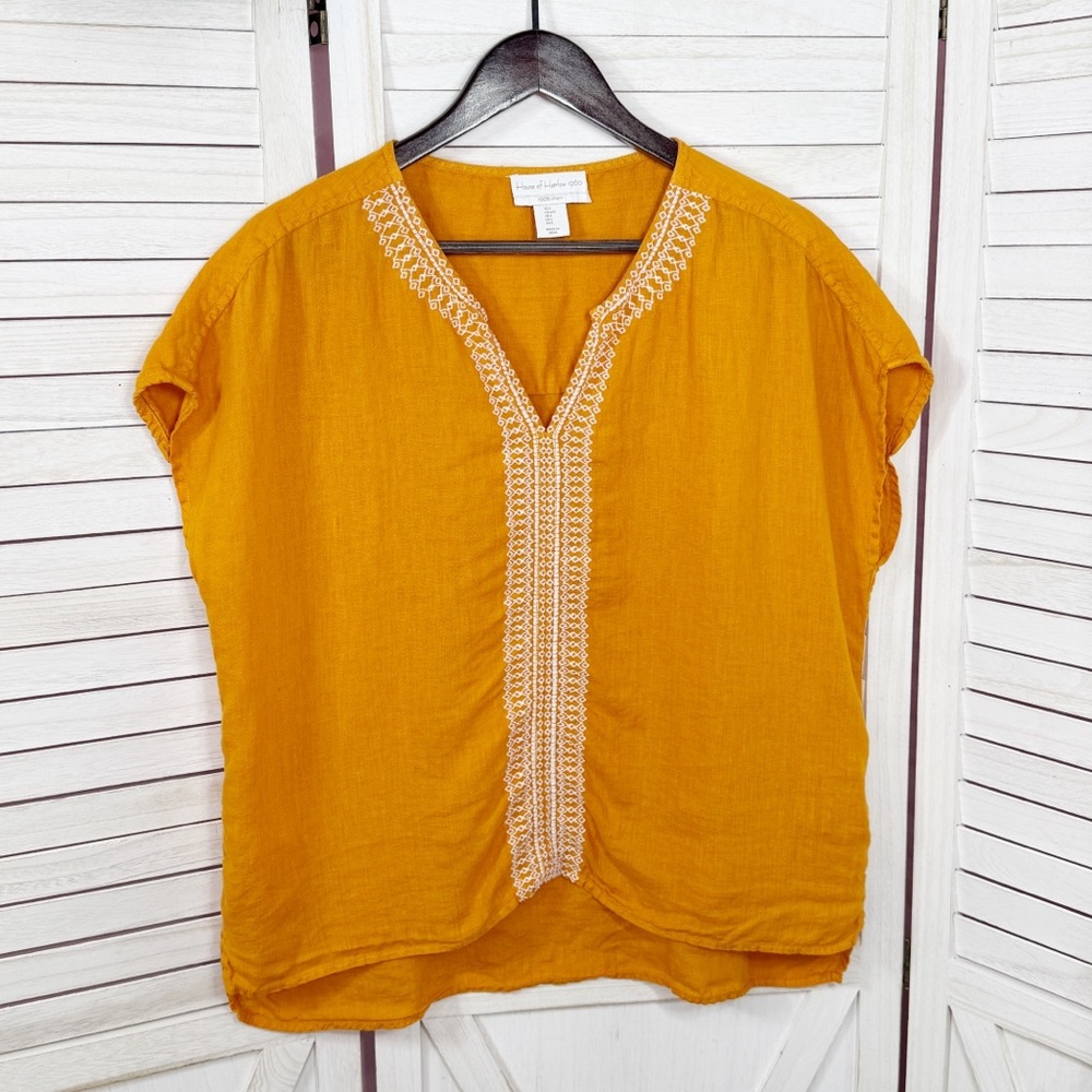 House of Harlow 1960 Embroidered Retro Linen Cap Sleeve Blouse Orange Large - Picture 6 of 10